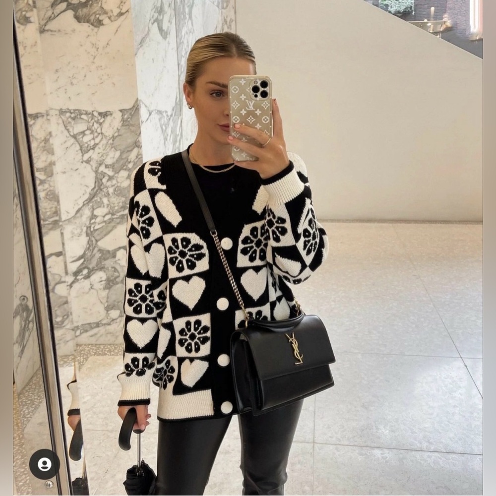 ZARA WOMAN JACQUARD KNIT CARDIGAN HEART FLORAL BLACK WHITE S - Picture 2 of 12
